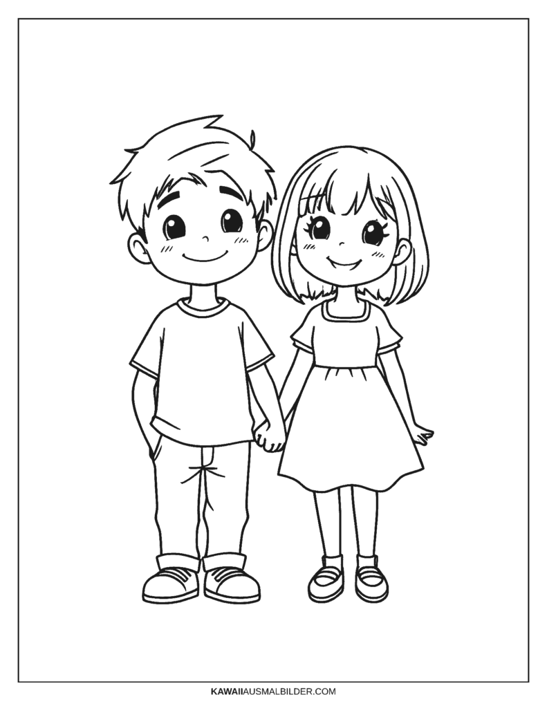 ausmalbild anime junge und mädchen