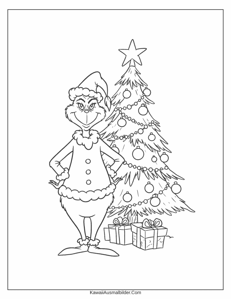 Grinch stehend mit Weihnachtsbaum
