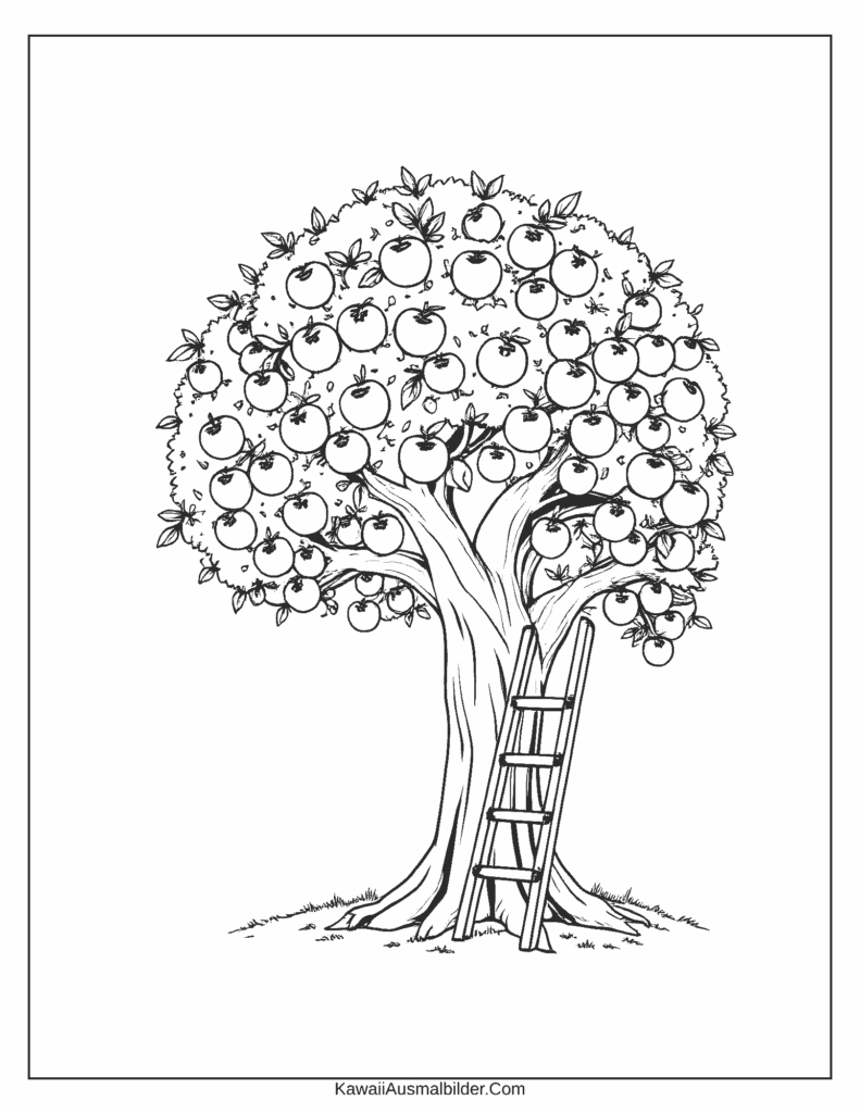 Malvorlage Apfelbaum mit Holzleiter